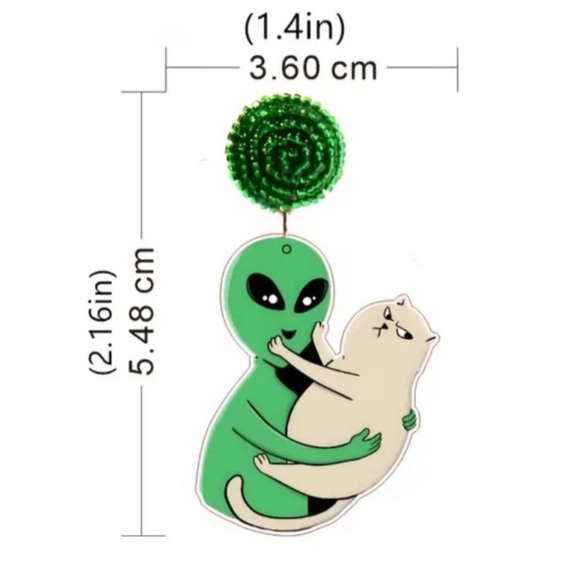 Funny Green Alien and Cat Acrylic Dangle Drop Earrings New! - Picture 3 of 5